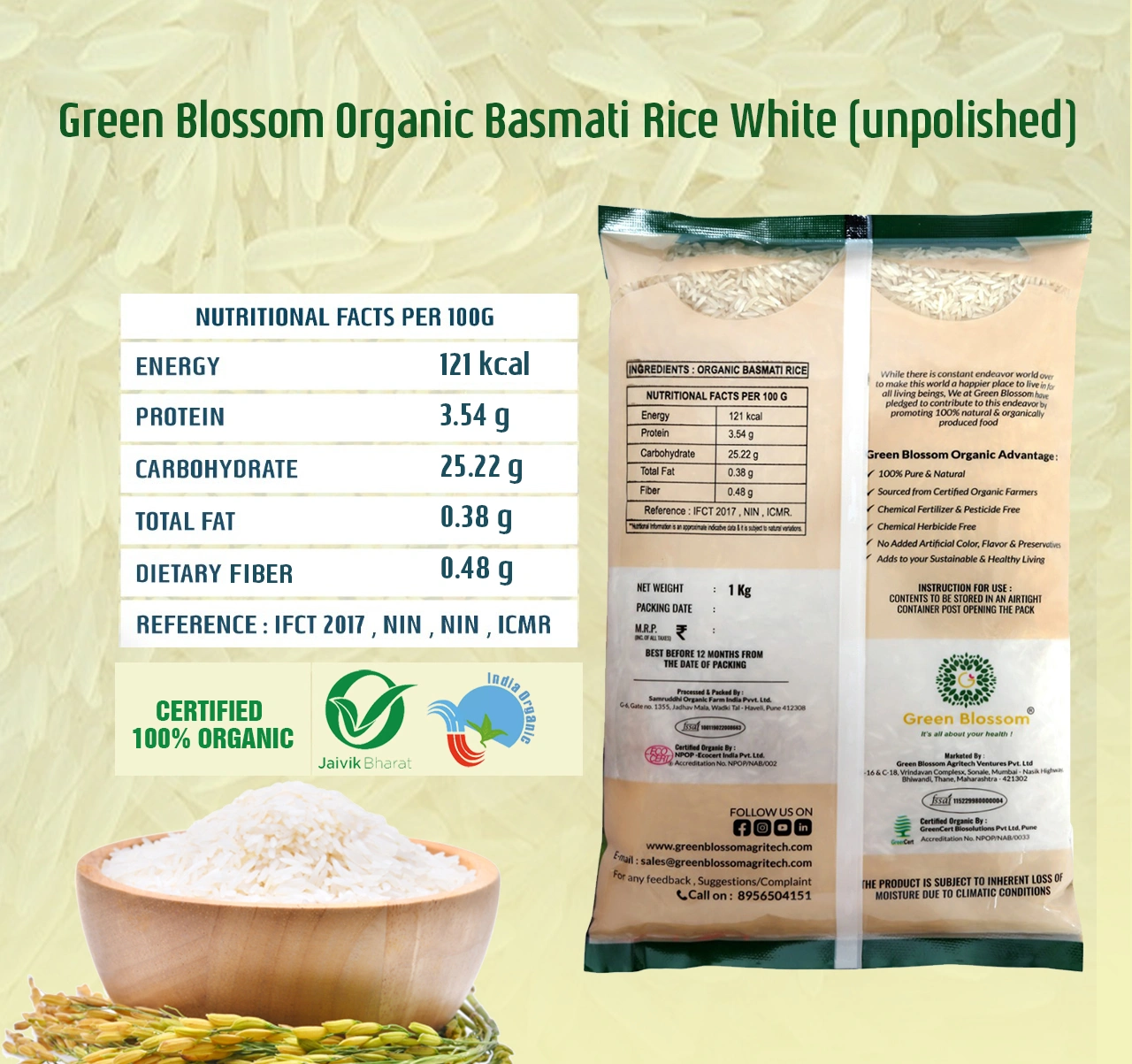 Organic Basmati Rice White - 5 Kg (1 Kg, Pack of 5) I Unpolished I Green Blossom-4