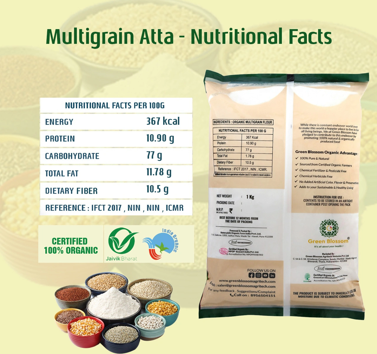 Organic Multigrain Flour / Atta - 3 Kg (1 Kg, Pack of 3) I Unpolished I Green Blossom-3kg-7