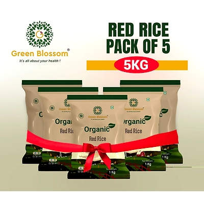 Organic Red Rice - 5 Kg (1 Kg, Pack of 5) I Unpolished I Green Blossom