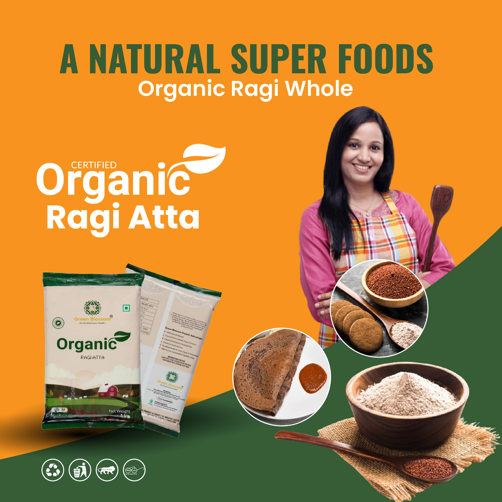 Organic Ragi Atta / Finger Millet Flour - 3 Kg (1 Kg, Pack of 3) I Green Blossom-3kg-8