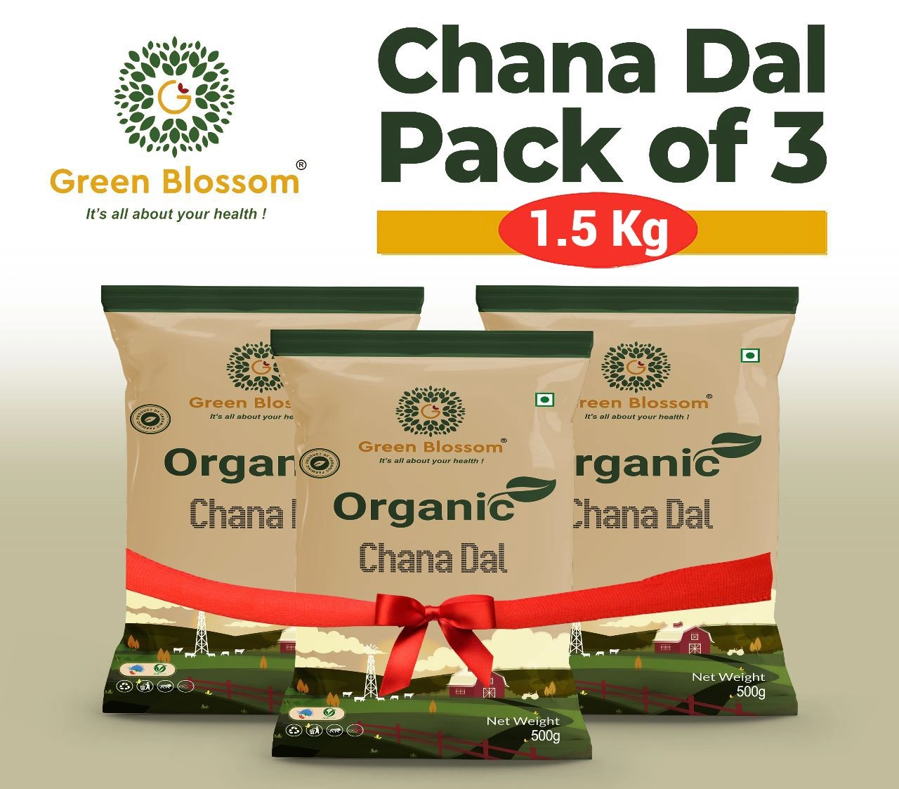 Organic Chana Dal / Split Bengal Gram - 1.5 Kg (500 gms, Pack of 3) I Unpolished I Green Blossom-1.5kg-4