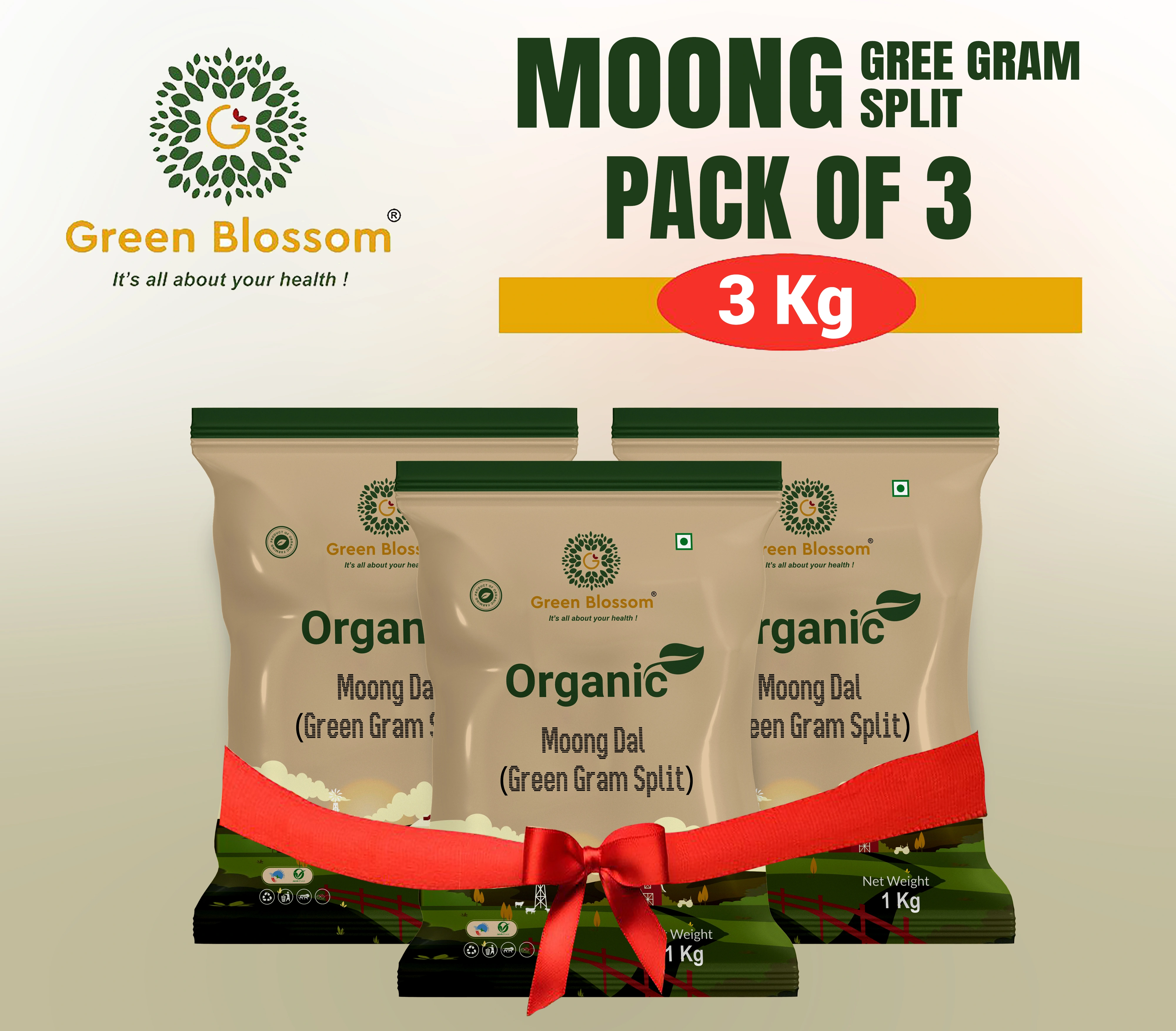 Moong Dal / Split Green Gram (Skin Less) - 3 Kg ( 1 Kg , Pack of 3) I Unpolished I Green Blossom-RVVPQXAWUS