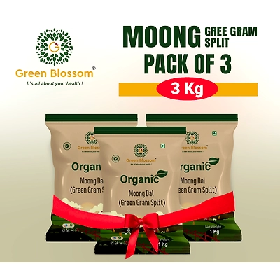 Moong Dal / Split Green Gram (Skin Less) - 3 Kg ( 1 Kg , Pack of 3) I Unpolished I Green Blossom