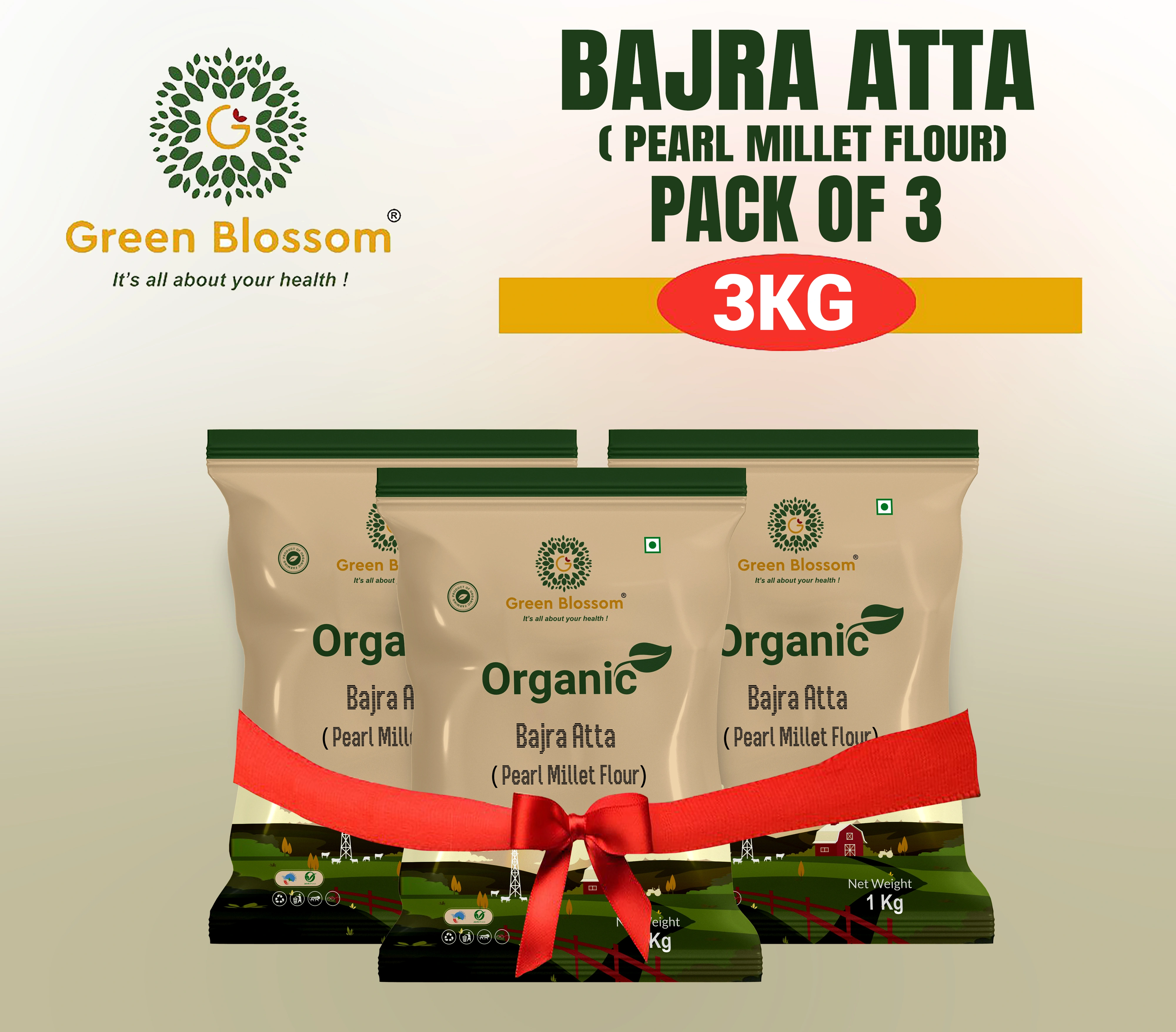 Organic Bajra Atta/Pearl Millet Flour - 3 Kg , ( 1 kg, Pack of 3) i Green Blossom-RVHZTO7PAW