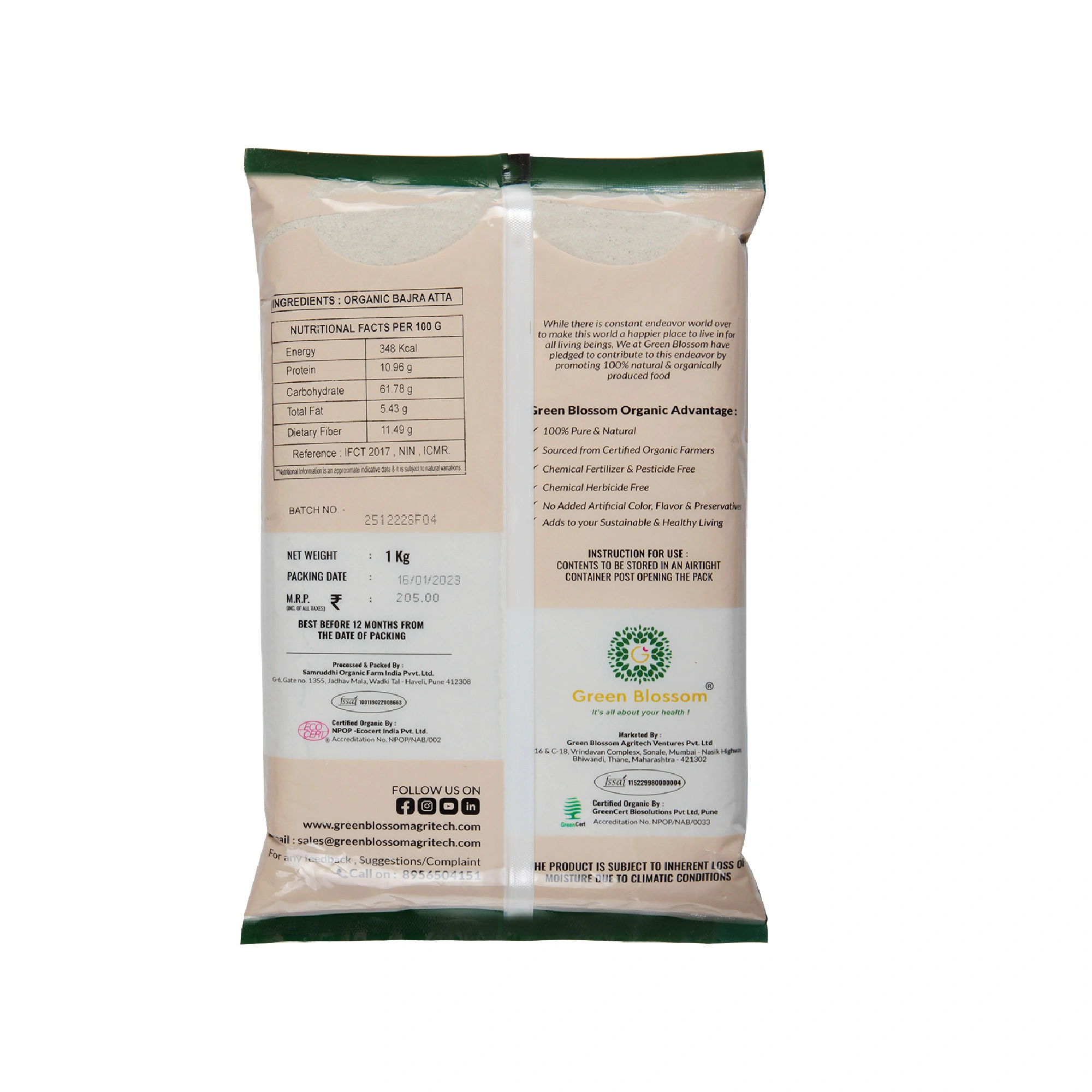 Organic Bajra Atta/Pearl Millet Flour - 3 Kg , ( 1 kg, Pack of 3) i Green Blossom-3kg-10