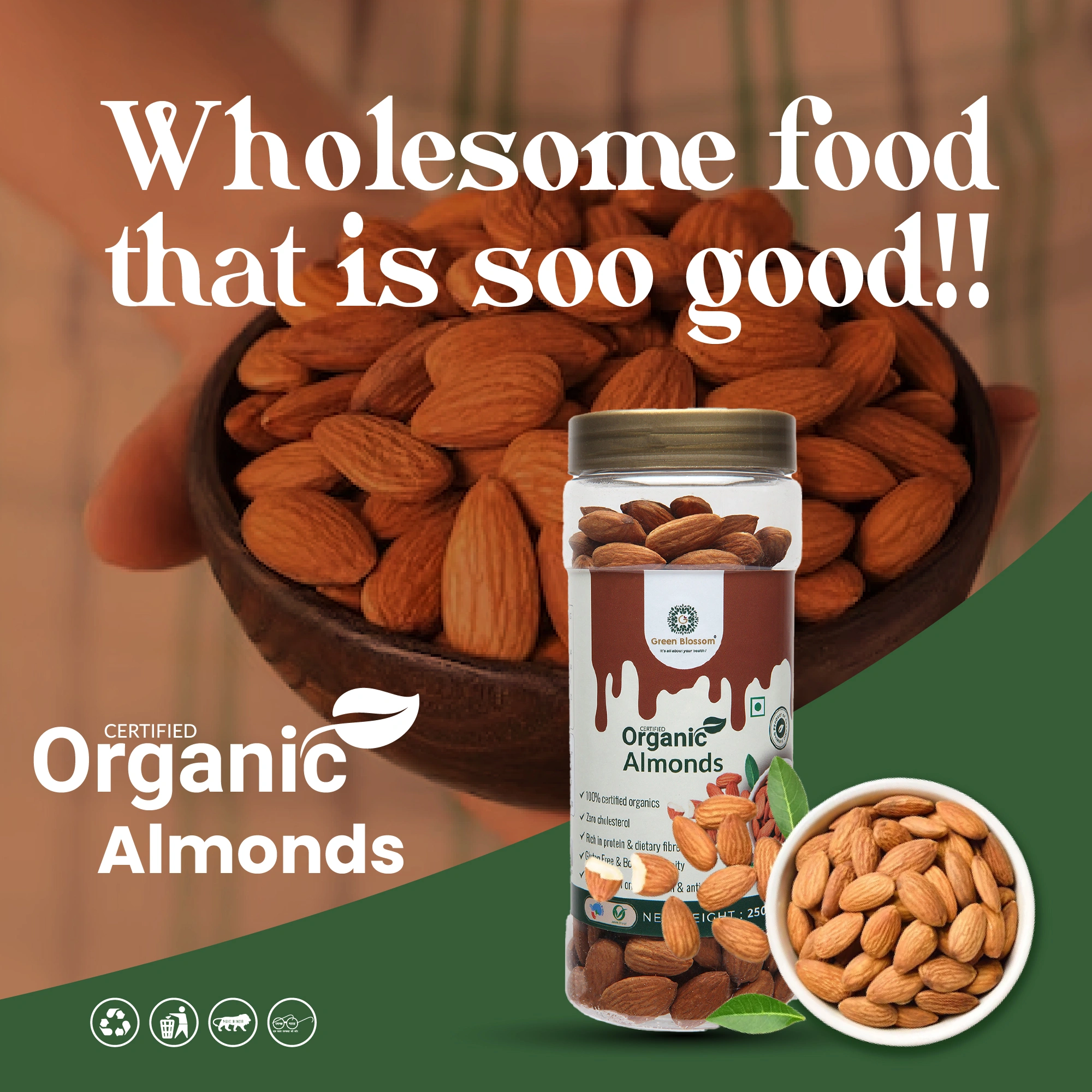 Organic Almonds / Badam - 1000 gms ( Pack of 4, NPOP Certified) I Green Blossom-1000g-2