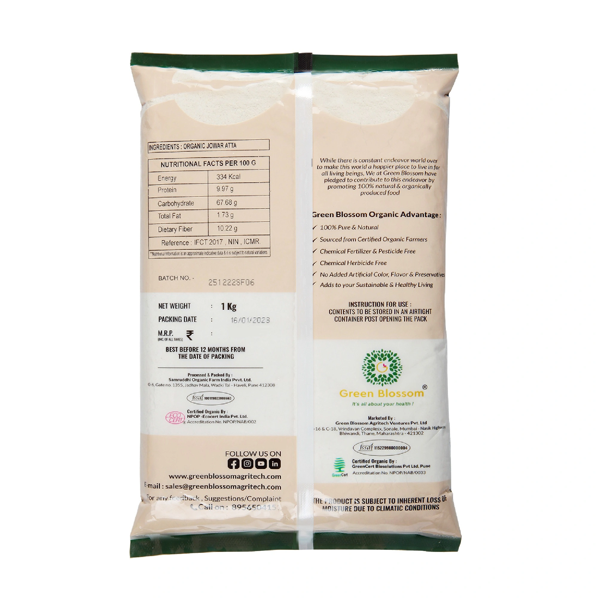 Organic Jowar Atta / Sorghum Flour - 3 Kg (1 Kg, Pack of 3) I Green Blossom-3kg-5