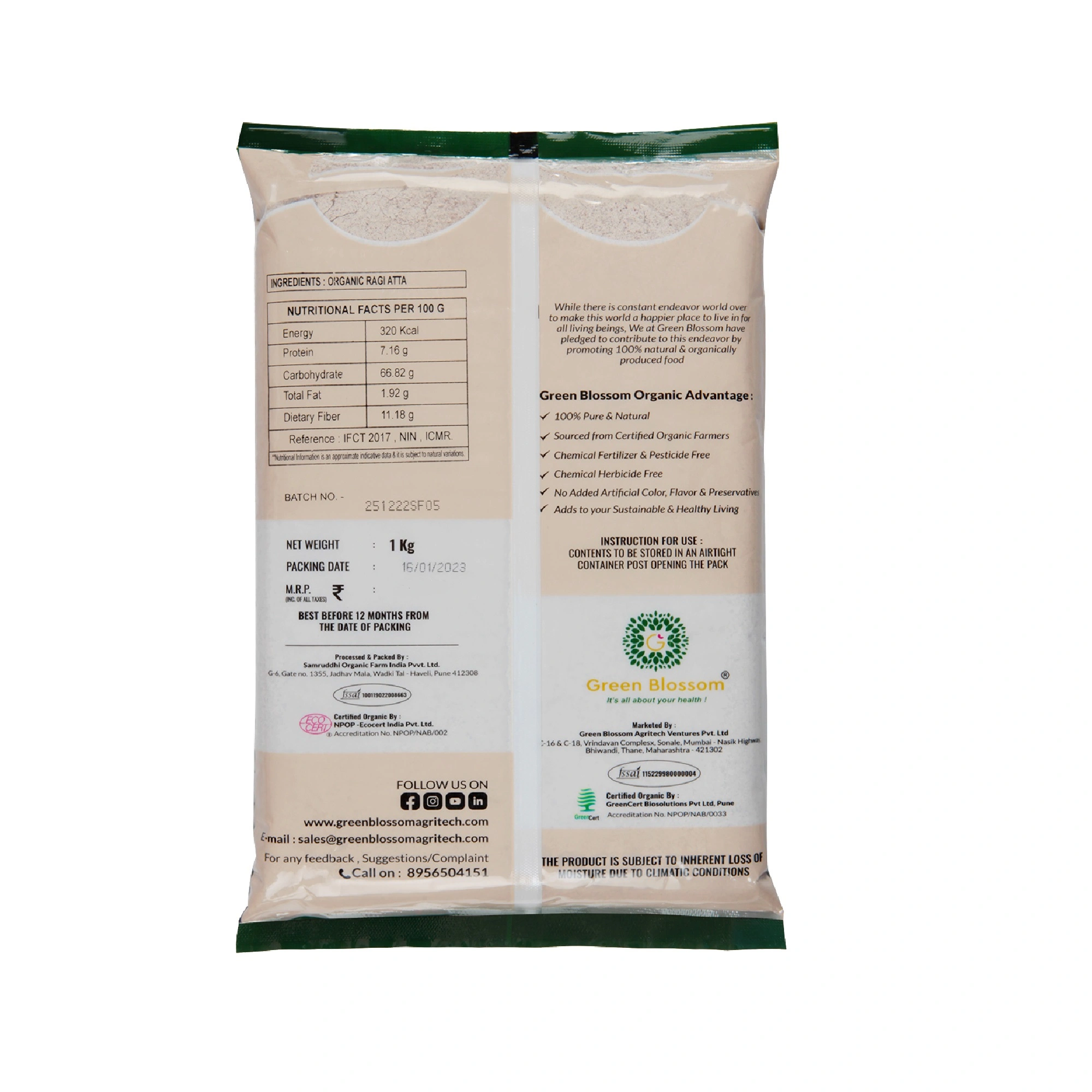 Organic Ragi Atta / Finger Millet Flour - 10 Kg , ( Pack of 10, 1 Kg ) I Green Blossom-10kg-5