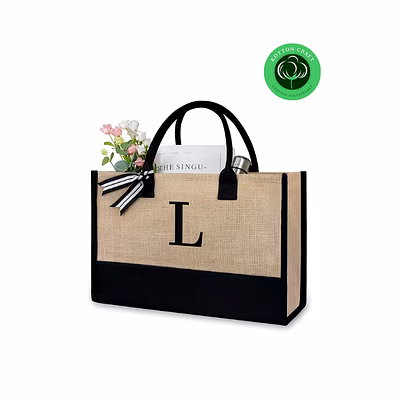 personalized initial jute & canvas beach tote bag for women – monogrammed reusable shopper with reinforced bottom