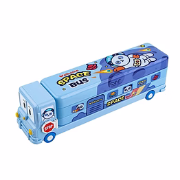 spcartoon printed school bus matal pencil box with moving tyres and sharpner for kids - blue