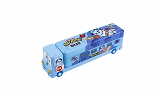 SPCartoon Printed School Bus Matal Pencil Box with Moving Tyres and Sharpner for Kids - Blue