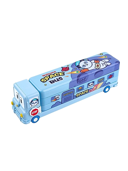 SPCartoon Printed School Bus Matal Pencil Box with Moving Tyres and Sharpner for Kids - Blue