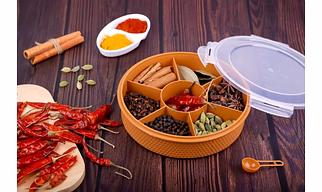 SP Plastic 7 Section Round Masala Box For Kitchen |Multisection Plastic Masala Box Organiser, Dry Fruit Box, Chocolate Box, Multi Color, Air Tight, Leak Proof, BPA Free (Grey)