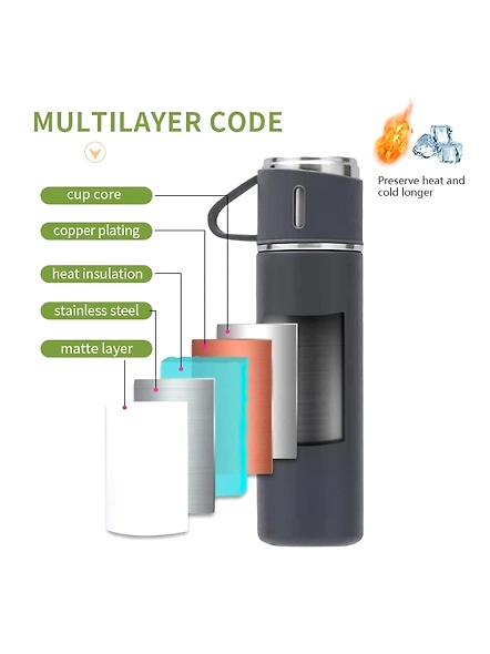 Stainless Steel Vacuum Flask Set with 3 Steel Cups Combo for Coffee Hot Drink and Cold Water Flask Ideal Gifting Travel Friendly Latest Flask Bottle. 500ml