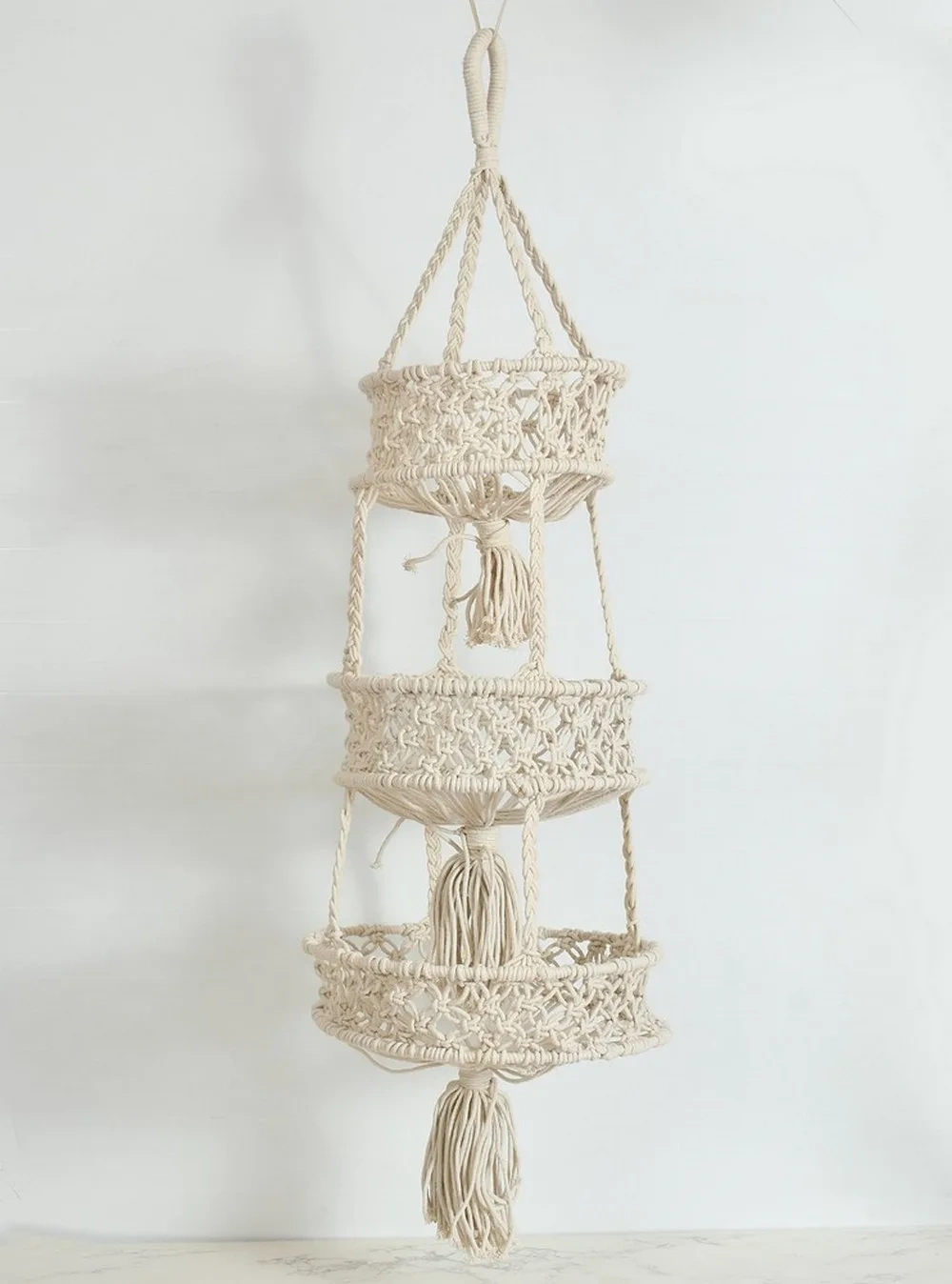 Macrame hanging Storage Mutliple Baskets-Off-White-14x14x50 inches-1-1
