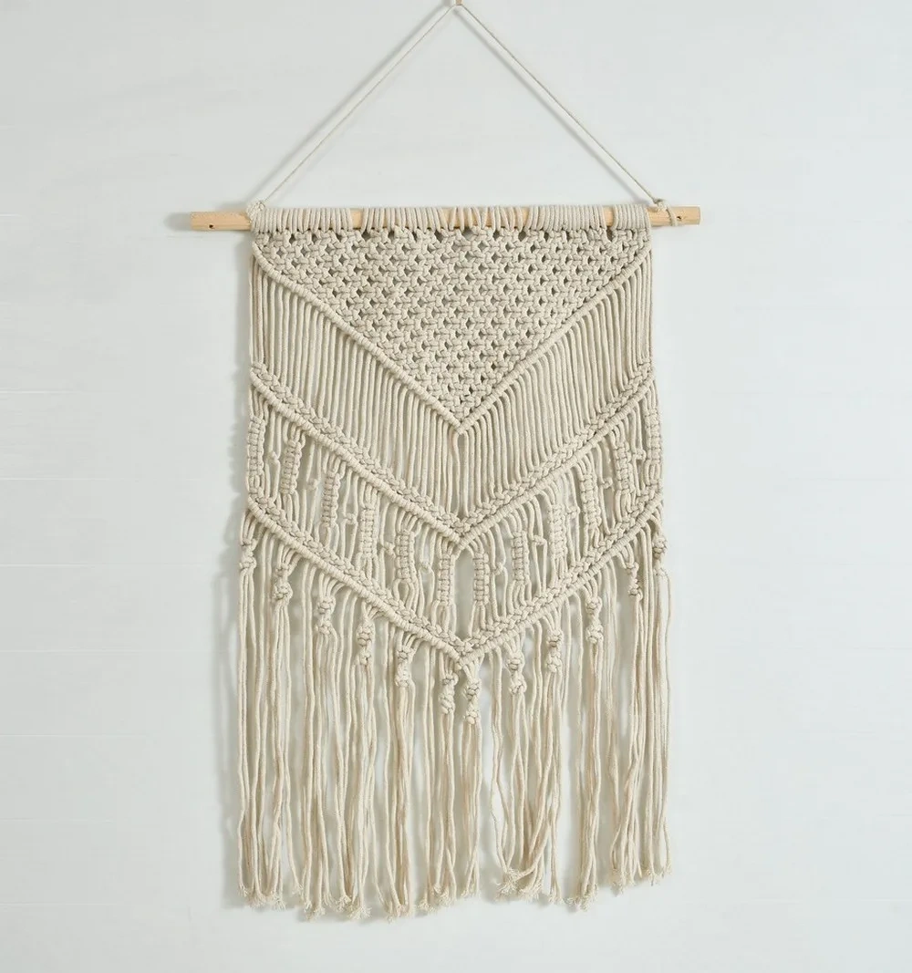 Macrame Wall Hanging, Triangle Border-Off-White-17x33 inches-1-1