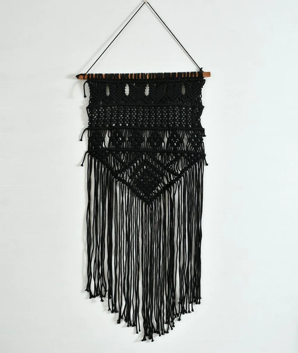 Macrame Wall Hanging, 4 sections-Black-16x32 inches-1-2