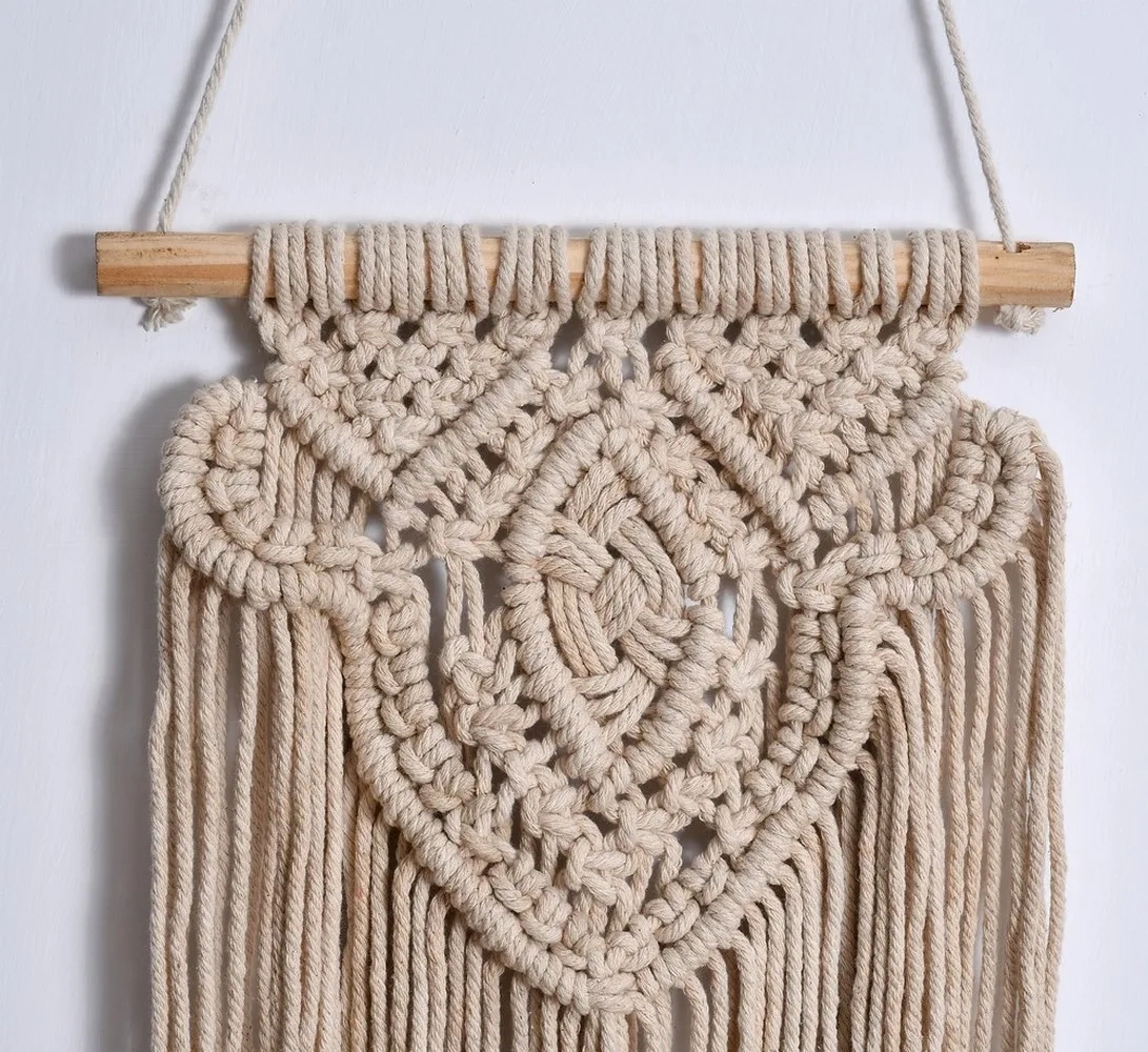 Macrame Wall Hanging, Curve Design-Ivory-10x27 inches-1-2