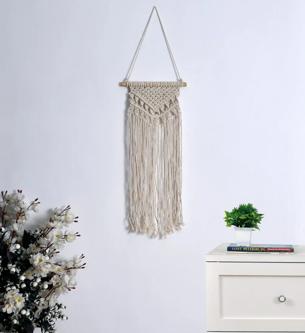 Macrame Wall Hanging, Curve Design-Ivory-10x27 inches-2-2