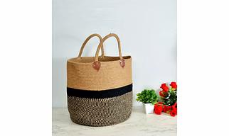 Jute Laundry Basket, Handle, Black, 16x16