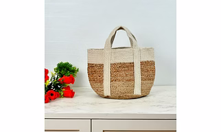Jute Basket, Beige, White, Handle