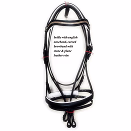 leather bridle english noseband, curved browband with stone & plane leather rein