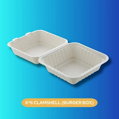 6X6 CLAMSHELL (BURGER BOX) SUGARCANE BAGASSE-1