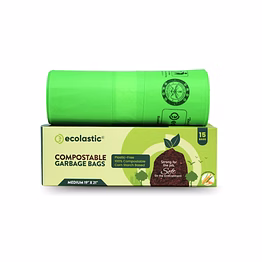 ecolastic 100% compostable & eco-friendly garbage bags i medium (19 x 21 in.) i 15 bags per pack i capacity 35l i green colour
