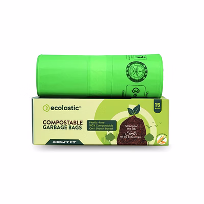 ecolastic 100% compostable & eco-friendly garbage bags i medium (19 x 21 in.) i 15 bags per pack i capacity 35l i green colour