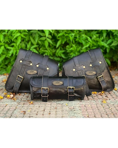 Genuine Black Leather COMBO 3 Motorcycle Saddle Panniers Tool Pouch Side Bag-1