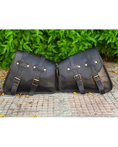 Genuine Black Leather COMBO 3 Motorcycle Saddle Panniers Tool Pouch Side Bag-2