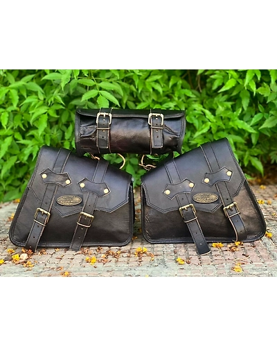 Genuine Black Leather COMBO 3 Motorcycle Saddle Panniers Tool Pouch Side Bag-3