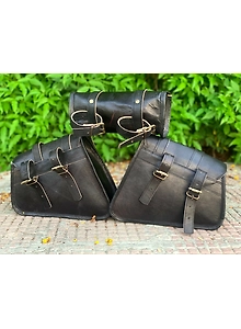 Genuine Black Leather COMBO 3 Motorcycle Saddle Panniers Tool Pouch Side Bag