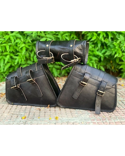 Genuine Black Leather COMBO 3 Motorcycle Saddle Panniers Tool Pouch Side Bag-5