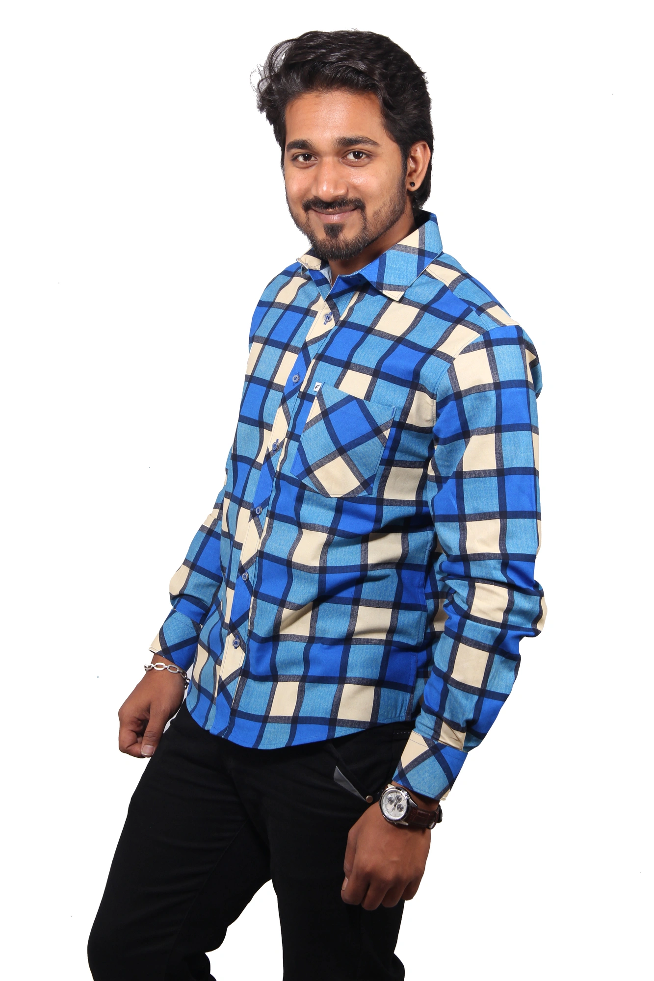 Men's Casual Shirt Full Sleeve Blue Check-SKUSTSK001A