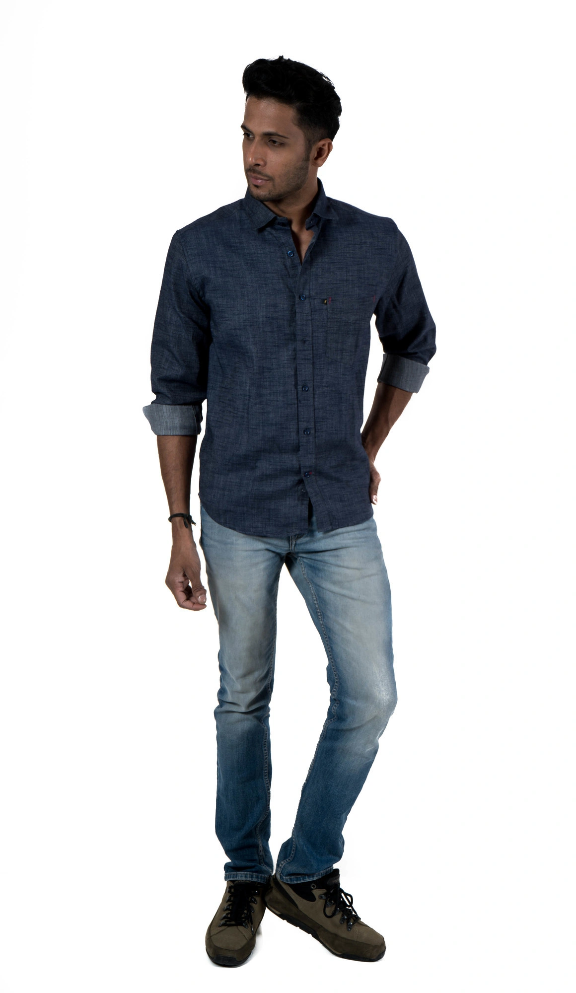 Men Casual Shirt Cotton Denim-Denim Dark Blue-38-1