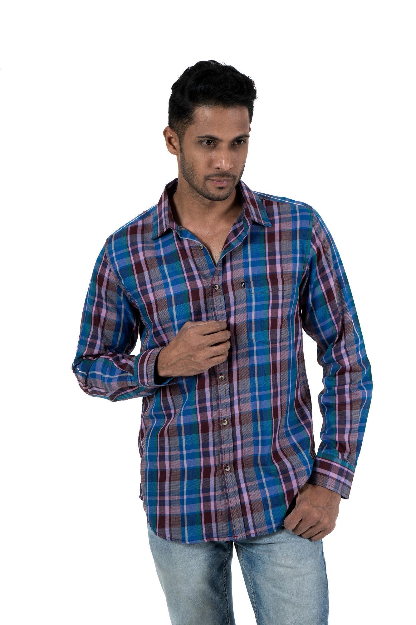 Men's Casual Shirt Slim Fit Full Sleeve Plaid Check-SKUSTNFE029