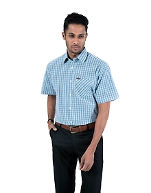 Men's Shirt Half Sleeve Standard Fit Cotton Micro Check Blue