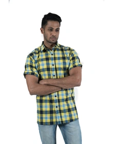 Men's Shirt Half Sleeve Standard Fit Cotton Yellow Check
