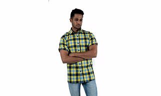 Men's Shirt Half Sleeve Standard Fit Cotton Yellow Check