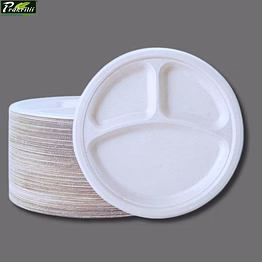 prakritii 10" ( 25cm ) 3 compartment bagasse round plate - ( pack of 1 pcs )