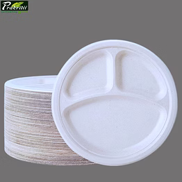 prakritii 9" ( 23cm ) 3 compartment bagasse round plate - ( pack of 1 pcs )