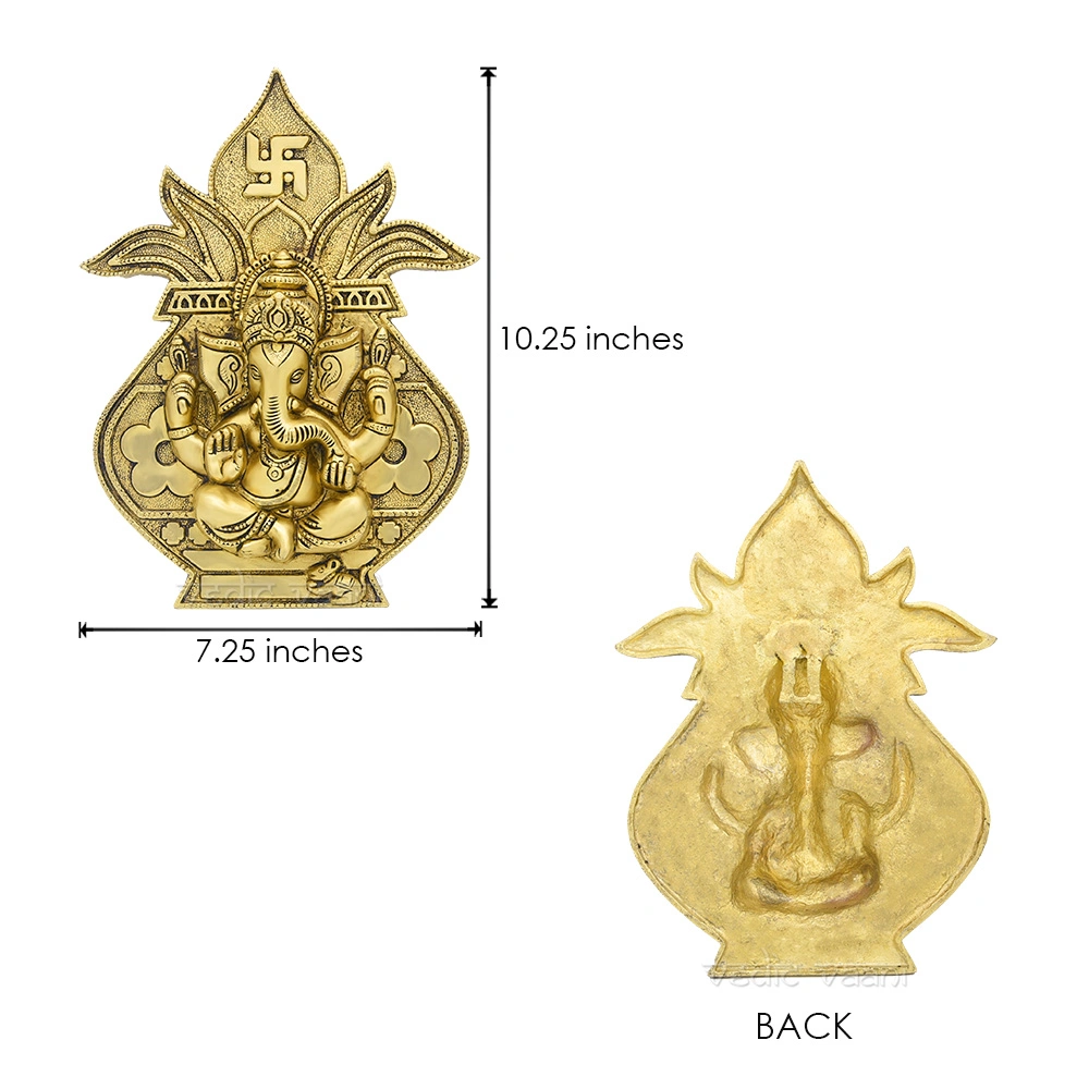 Ganesha Wall Hanging with Kalash and Leaf Design in Heavy Brass Metal-4