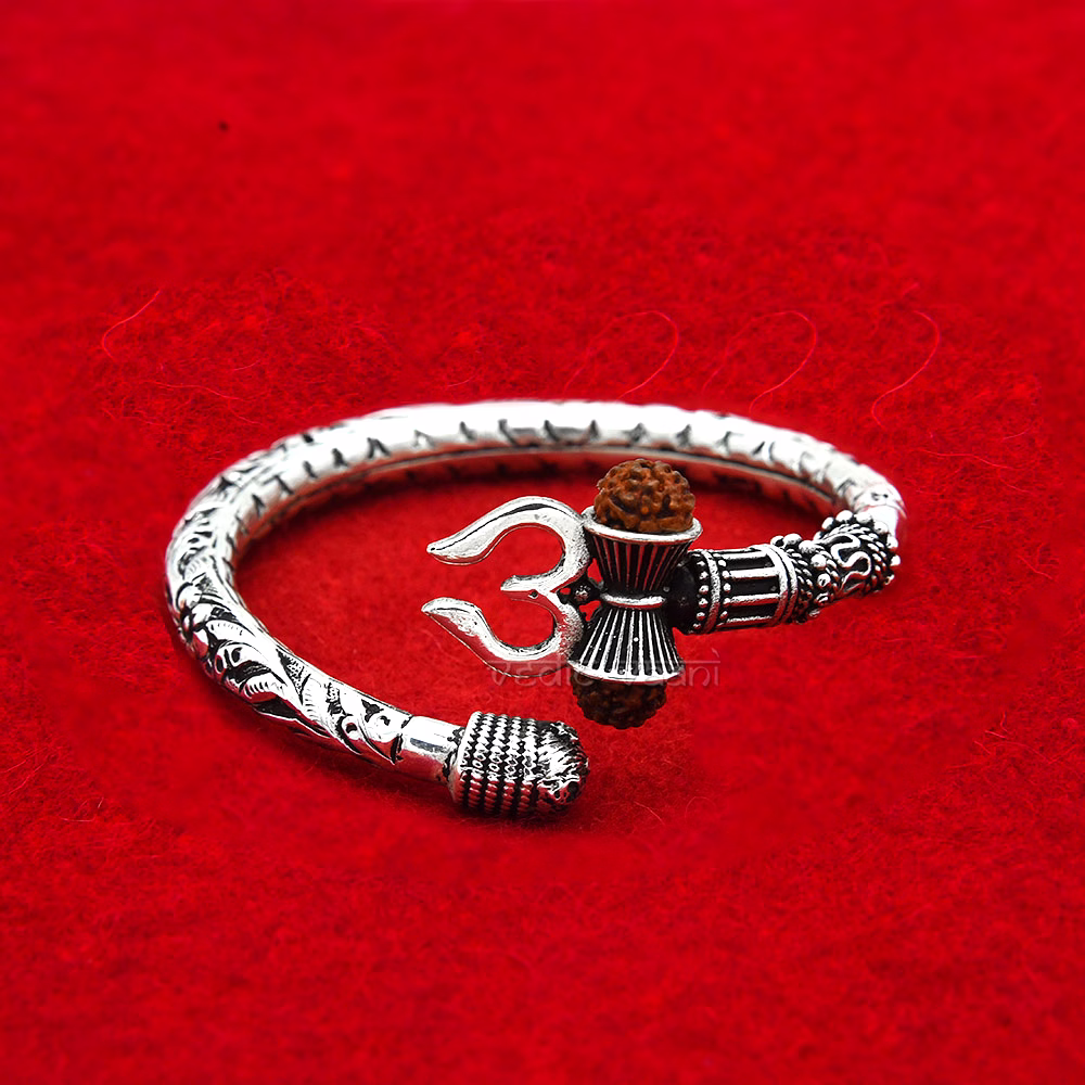 vedic vaani™ silver lord shiva kada with trishul / rudraksha - adjustable