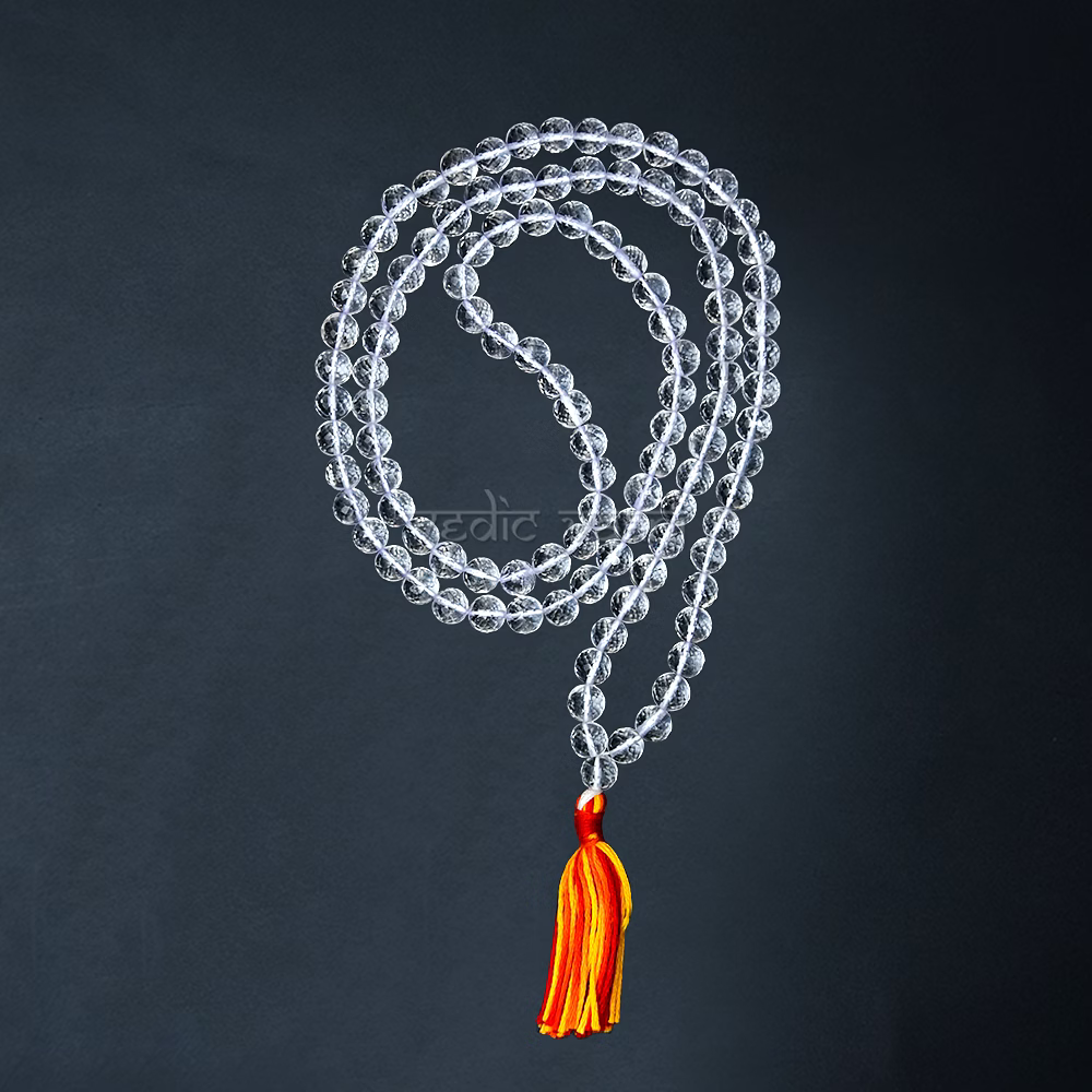vedic vaani™ diamond cut crystal (sphatik) mala 108+1 beads