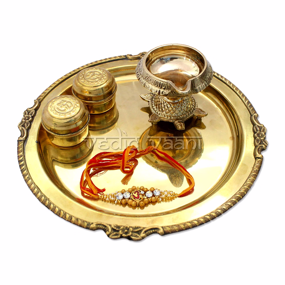 Brass Puja Thali with Mauli image 1