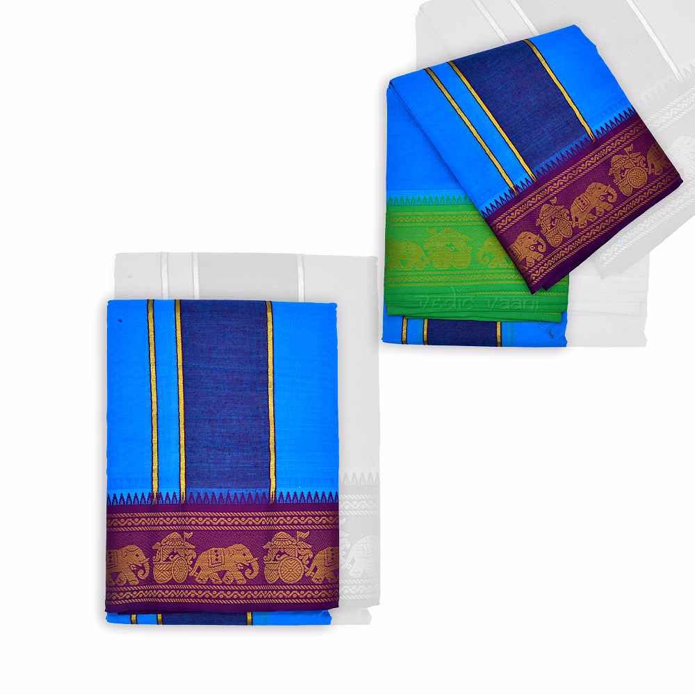 vedic vaani™ blue dhoti with purple border in pure cotton