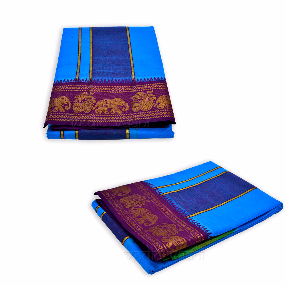Blue Dhoti with Purple Border in Pure Cotton image 2