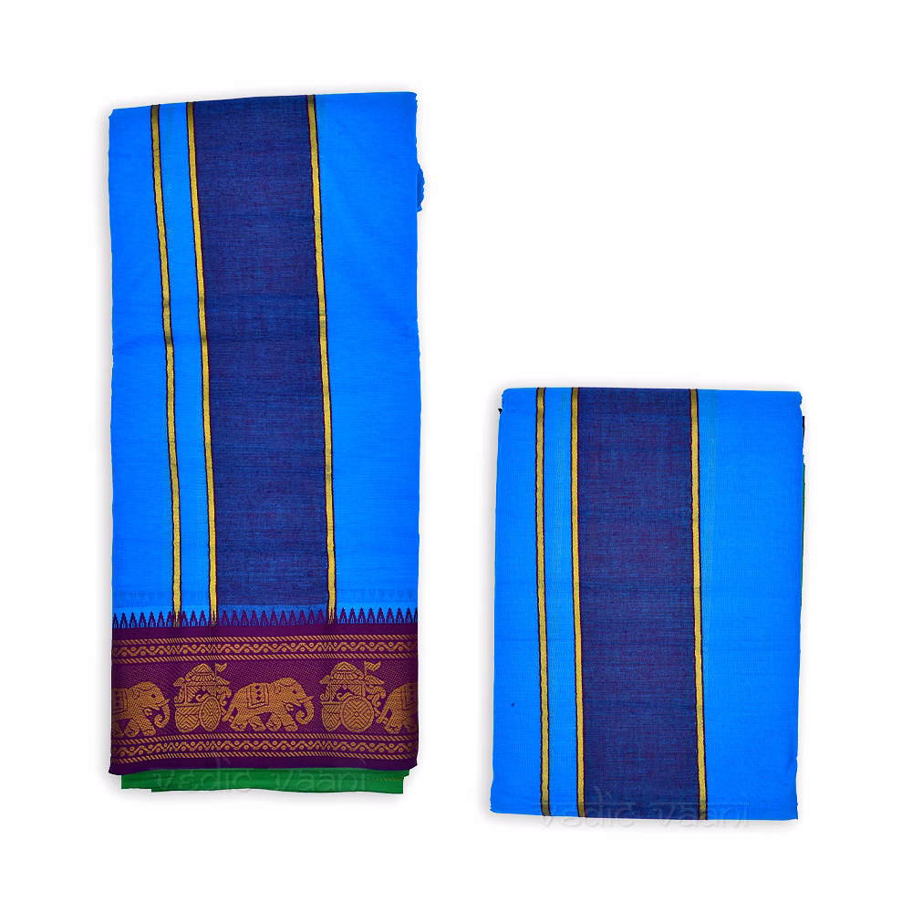 Blue Dhoti with Purple Border in Pure Cotton image 3