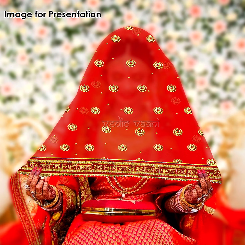Mangalkari Sada Saubhagyavatta Bhava Ashirwad Bridal Red Zari Velvet Embroidered Net Dupatta image 5